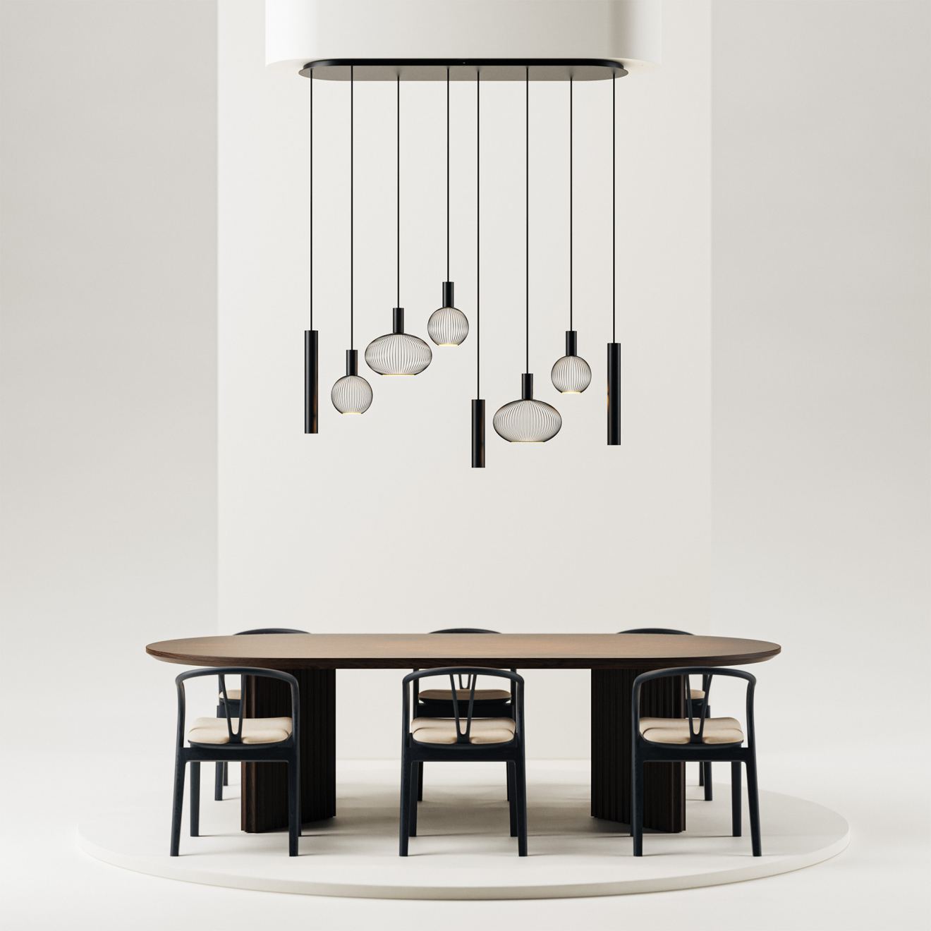 Hangeleuchte Ztahl Como flach oval 145 x 40 cm 8-flammig (Metall, Schwarz | Grau | Sand)