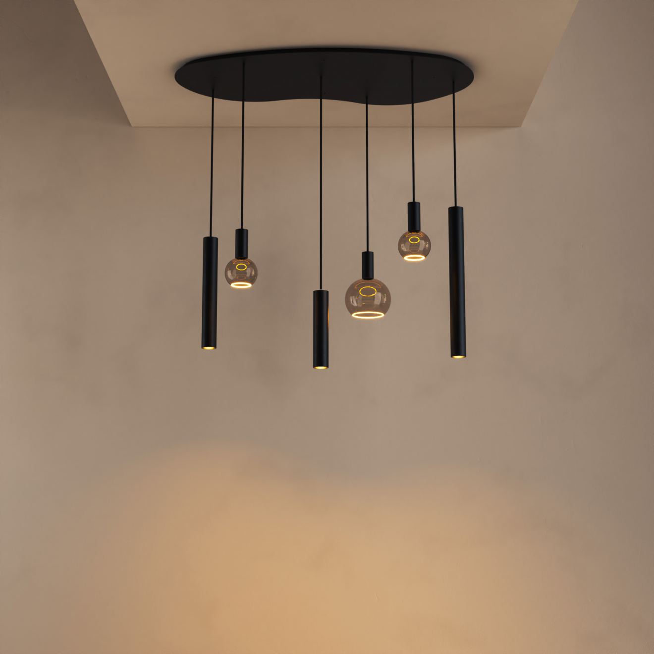 Pendant light Ztahl Riva organic small 120 x 60 cm 6-light (Metal, Zwart | Grijs | Zand)