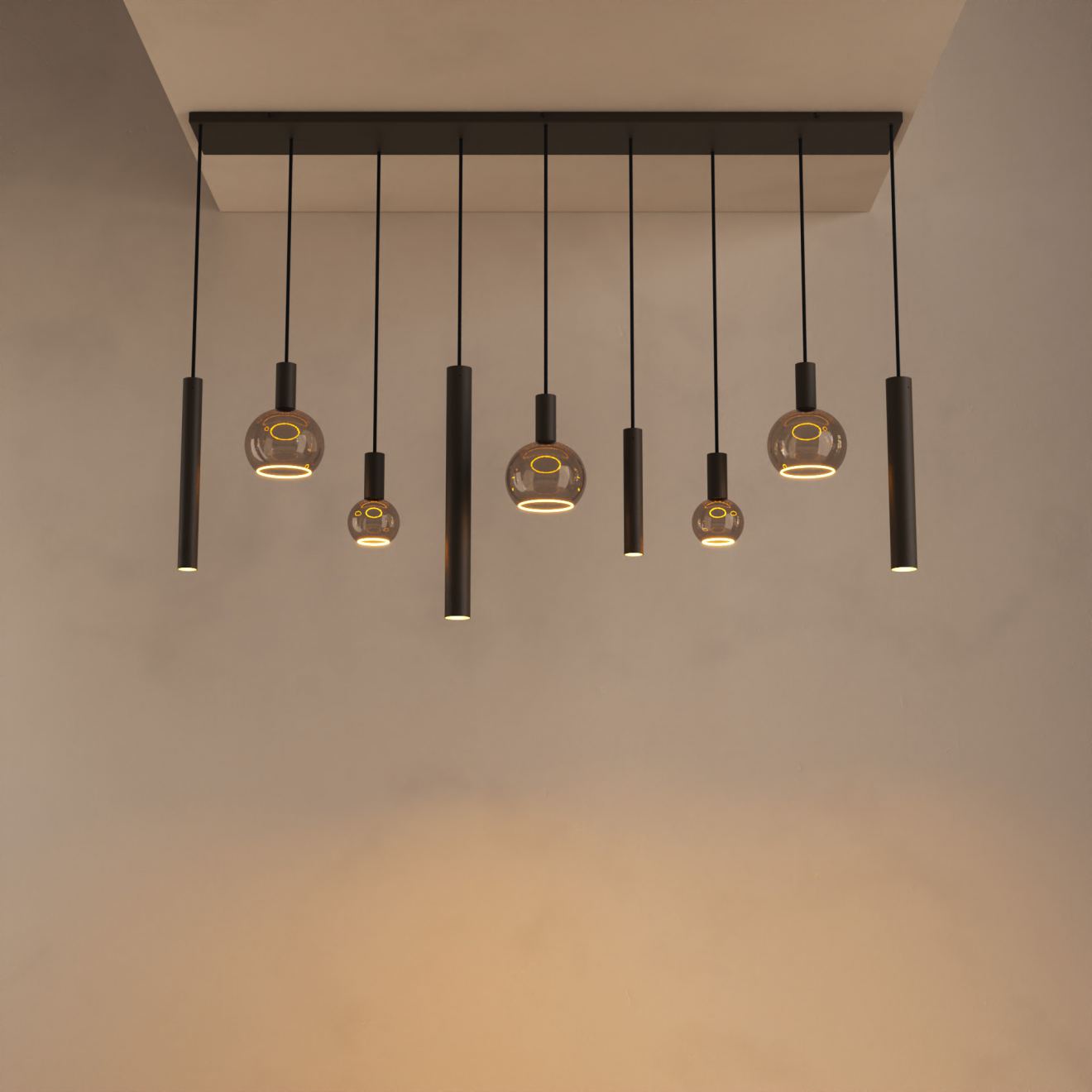 Hängeleuchte Ztahl Riva gerade 170 x 22 cm 9-flammig gemischte Rohre (Metall, Schwarz | Grau)