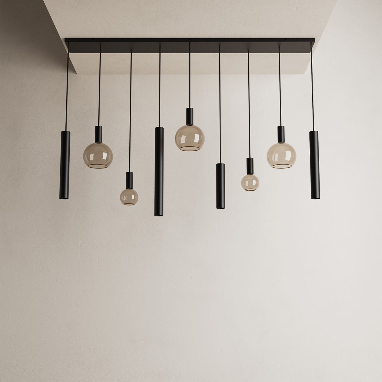 Hangeleuchte Ztahl Riva gerade 170 x 22 cm 9-flammig dicke Rohre
