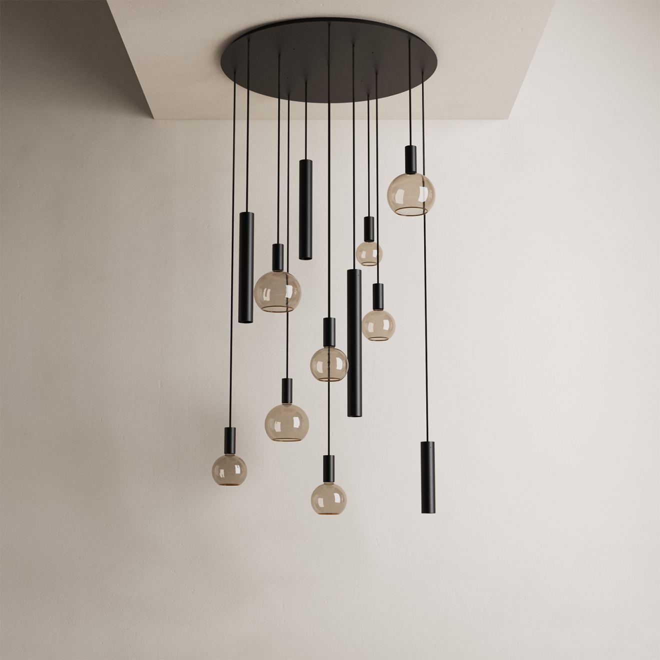 Pendant light Ztahl Riva round Ø 95 cm 12-light (Metal, Zwart | Grijs | Zand)