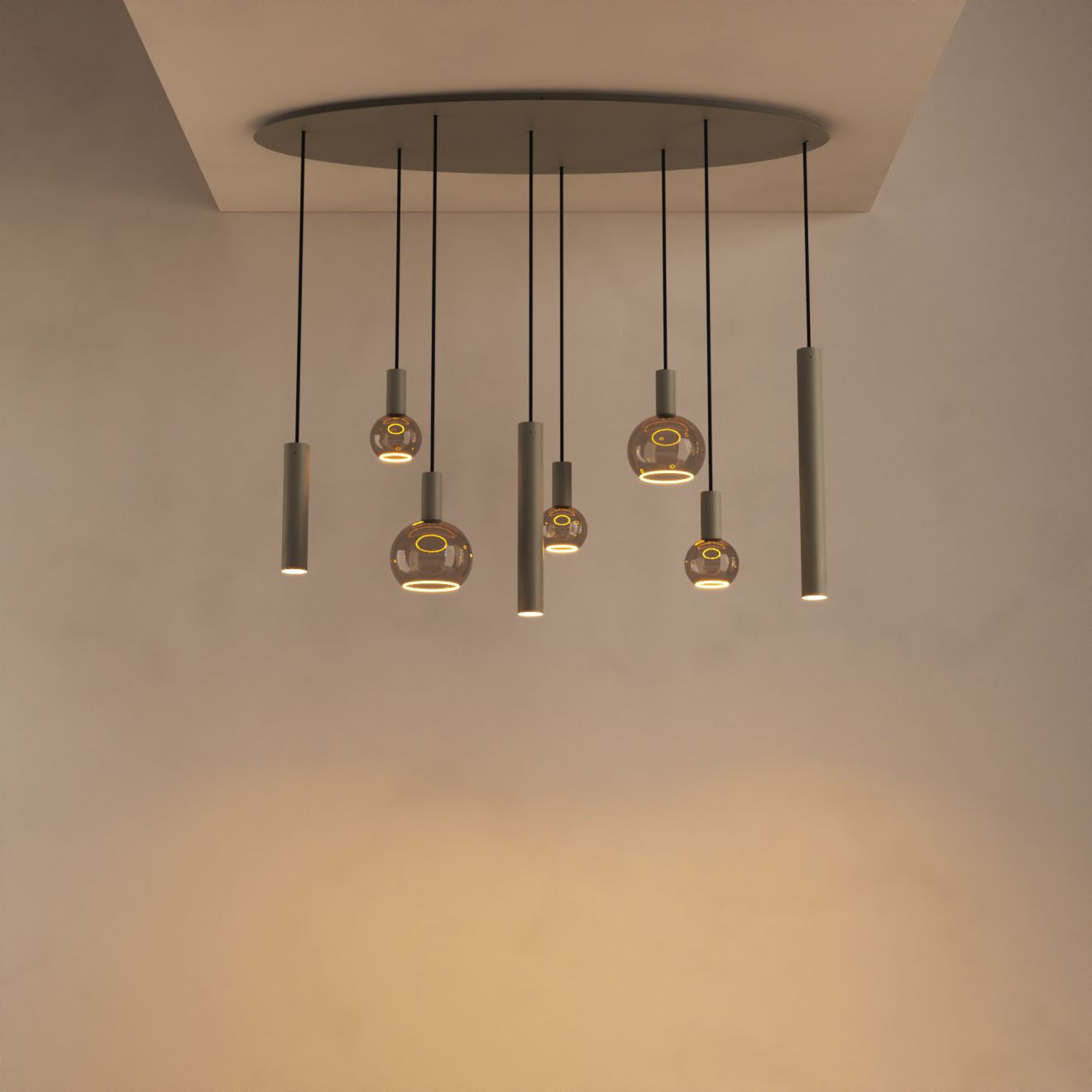 Pendant light Ztahl Riva oval 140 x 50 cm 8-light thick tubes (Metal, Zwart | Grijs | Zand)